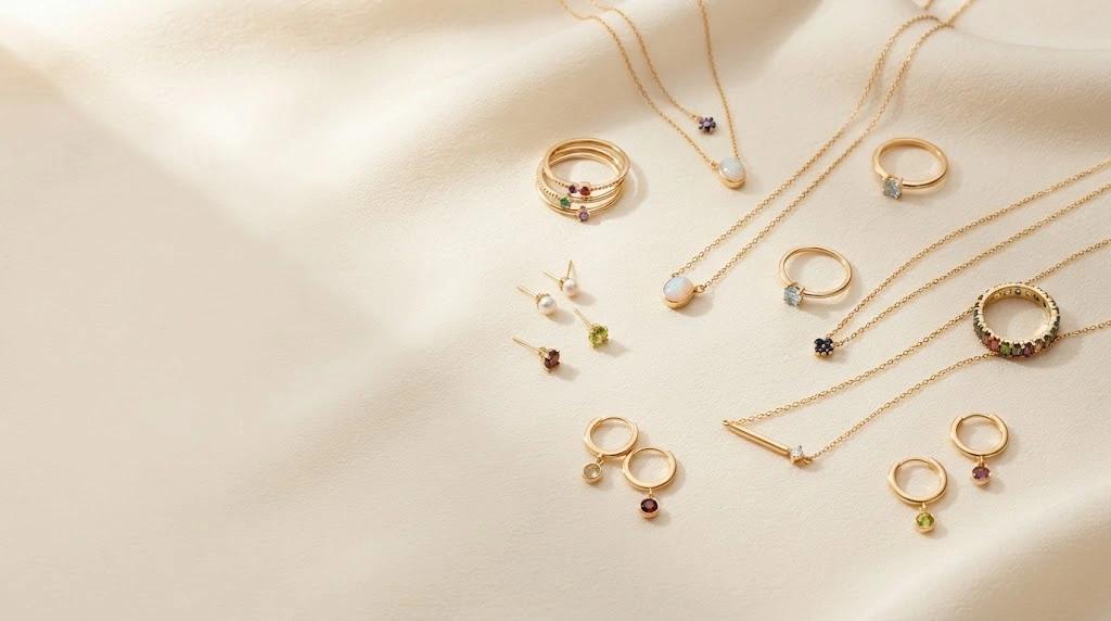 Gold-toned rings, studs and pendant chains laid out on cream silk