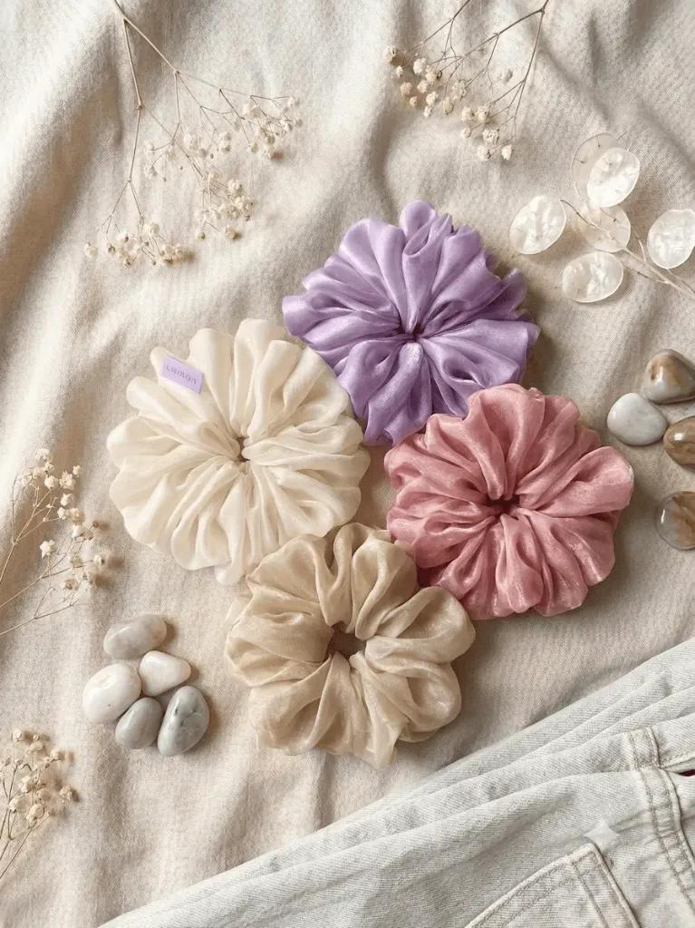 Set of four full satin scrunchies in ivory, lilac, dusty rose and champagne