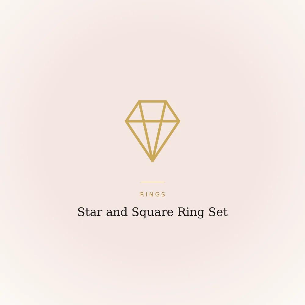 Two-piece rosegold-plated ring set, one star-shaped band and one square band, both set with cubic zirconia
