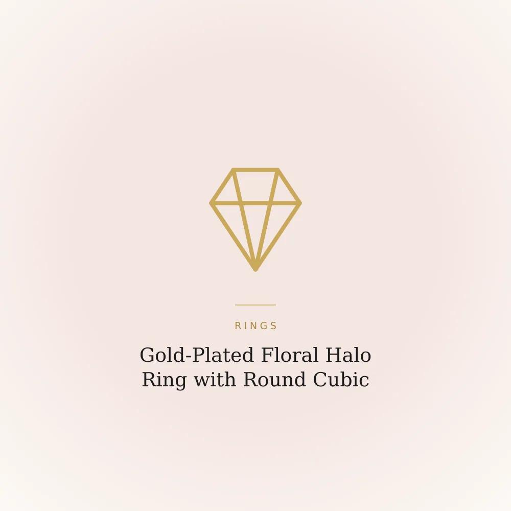 Gold-plated ring with a floral halo of cubic zirconia stones around a round centre stone