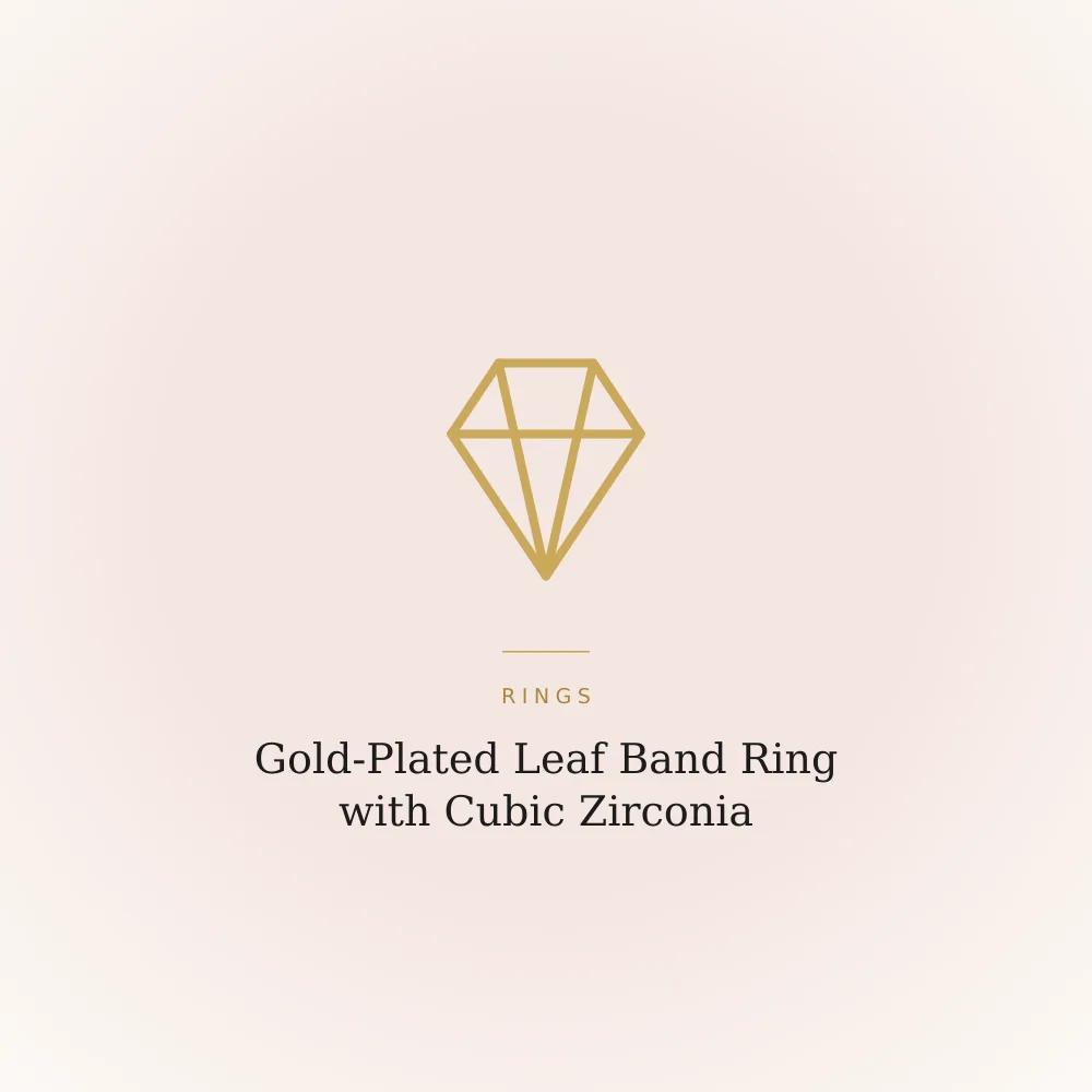 Gold-plated ring with a leaf-shaped band around a cubic zirconia centre stone