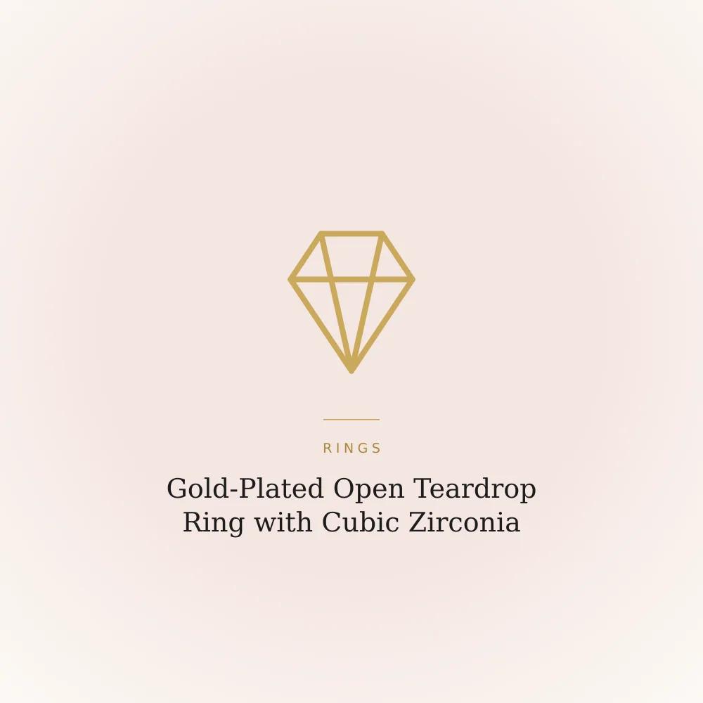 Gold-plated ring with an open teardrop outline set with cubic zirconia stones