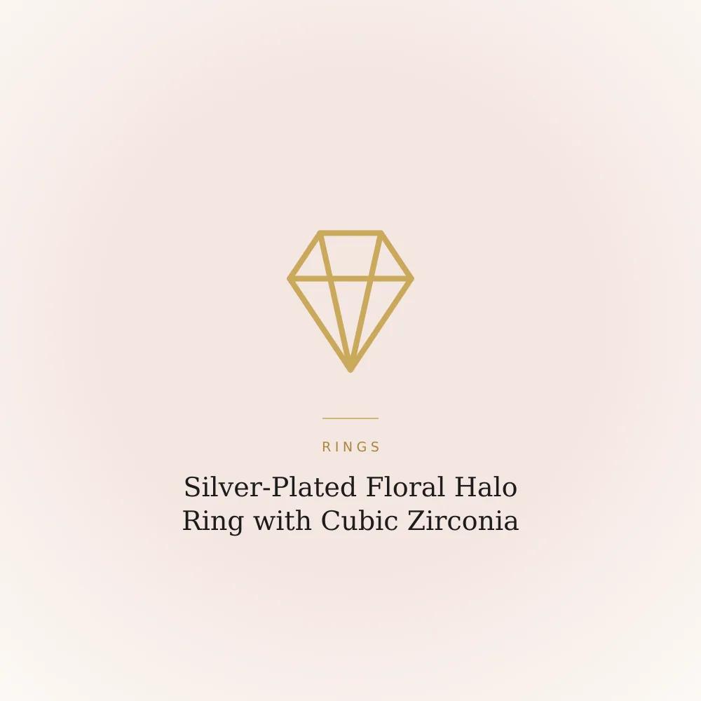 Silver-plated ring with a round cubic zirconia stone in a floral halo setting