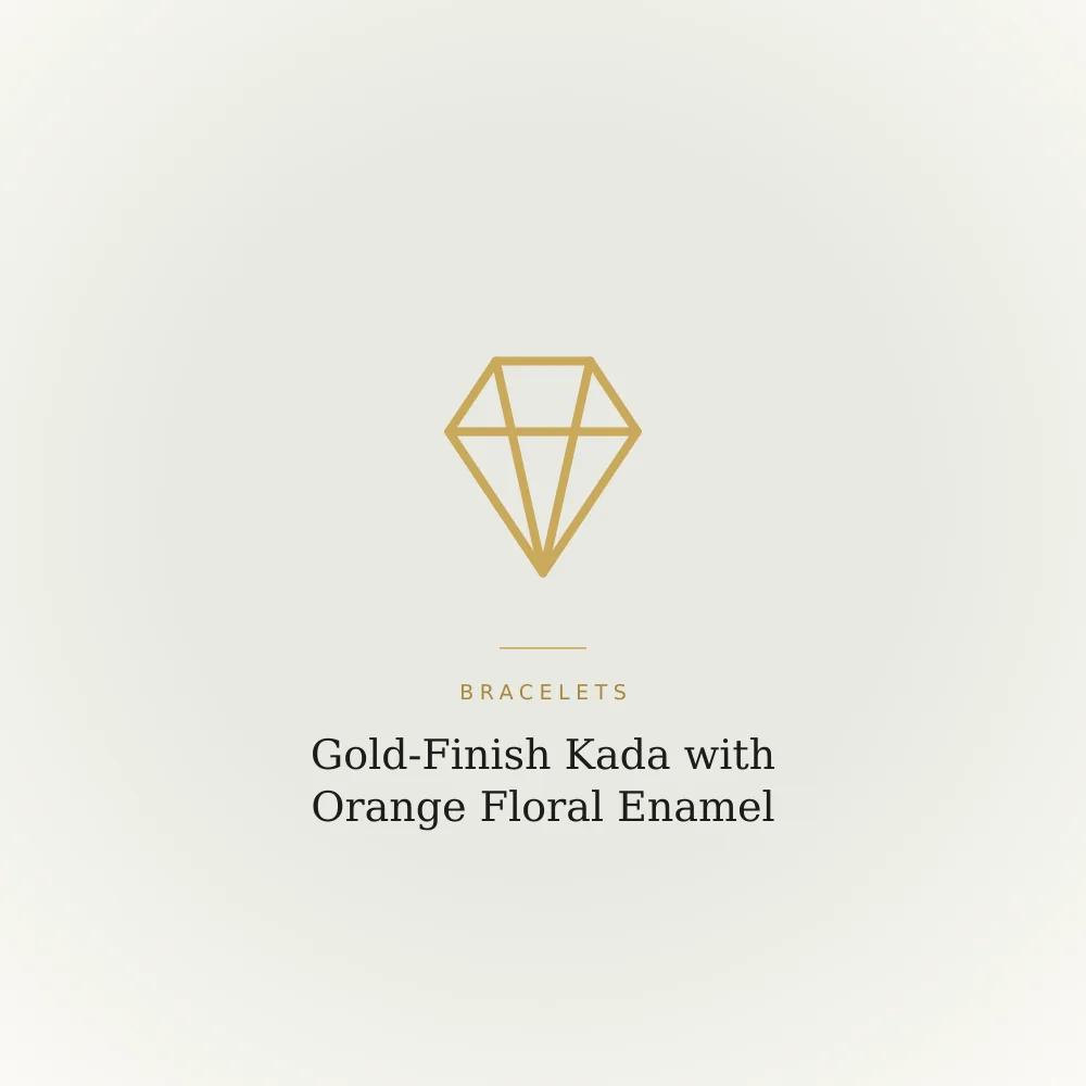 Gold-finish kada bracelet with an orange floral enamel pattern across the band