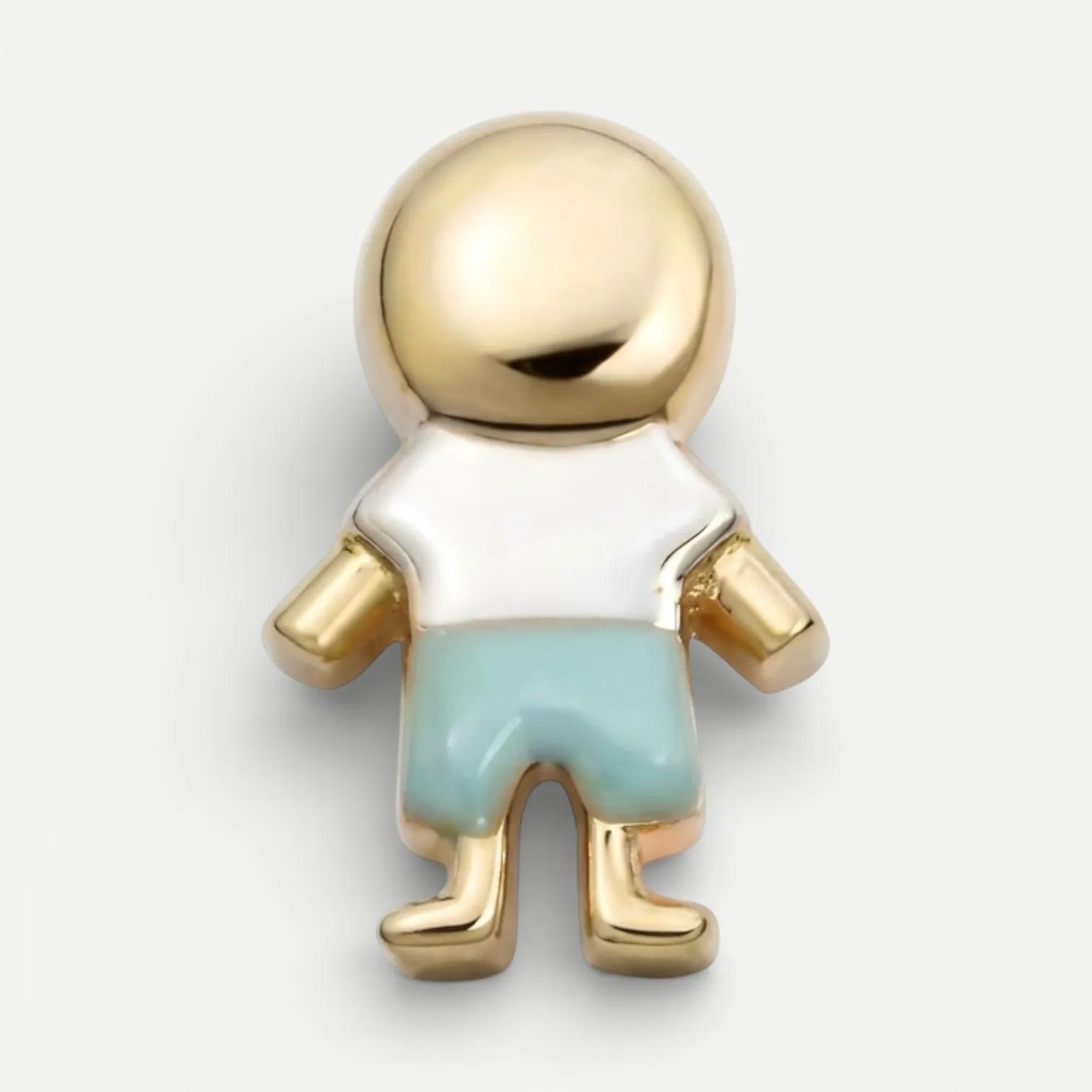 Boy-figure charm with polished golden head, white top and mint-blue shorts standing with arms angled out