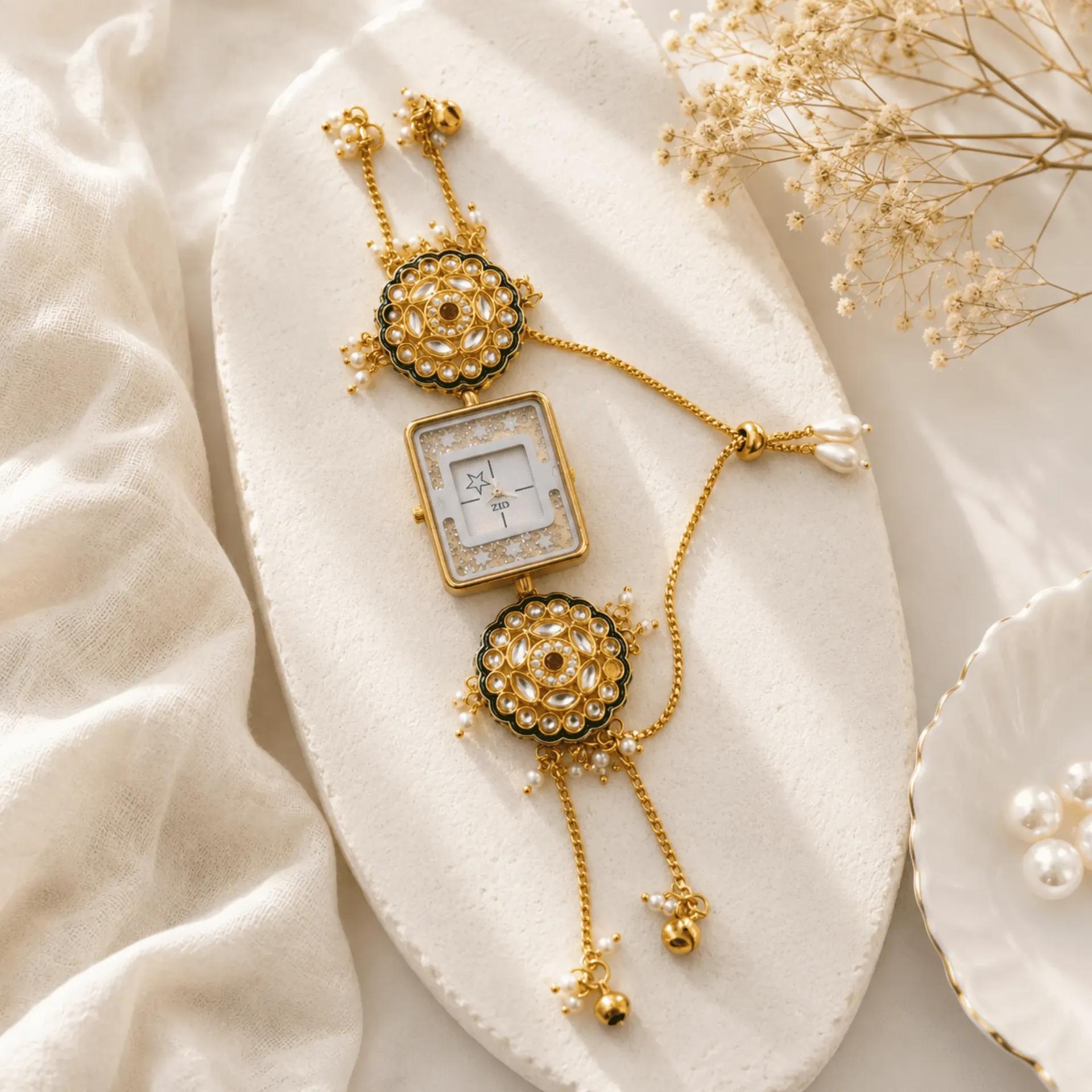 Green meenakari and kundan-style bracelet watch with a square star-shaped dial and pearl-look slider chain