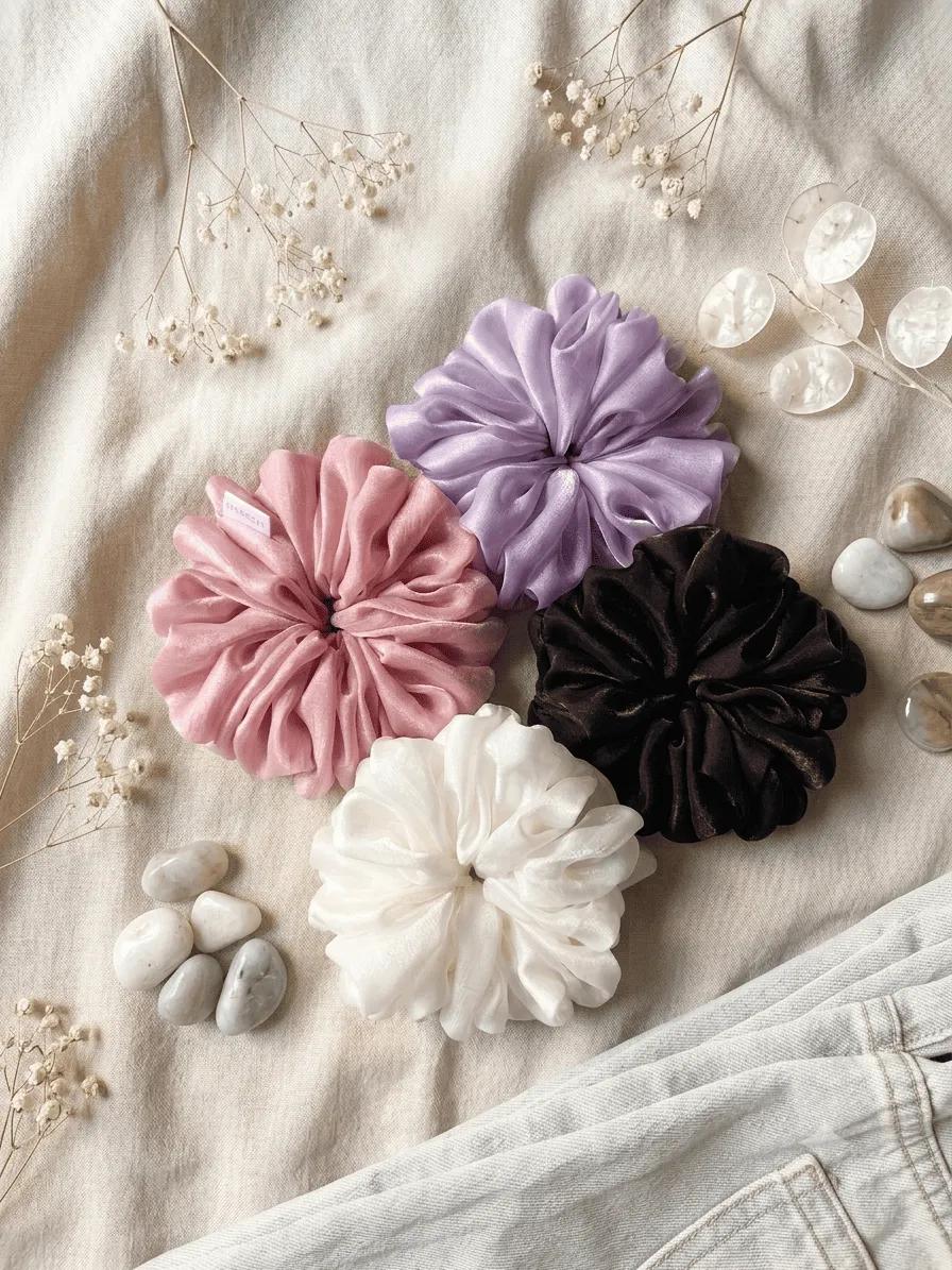 Four satin scrunchies in blush pink, lilac shimmer, black and ivory white tied together