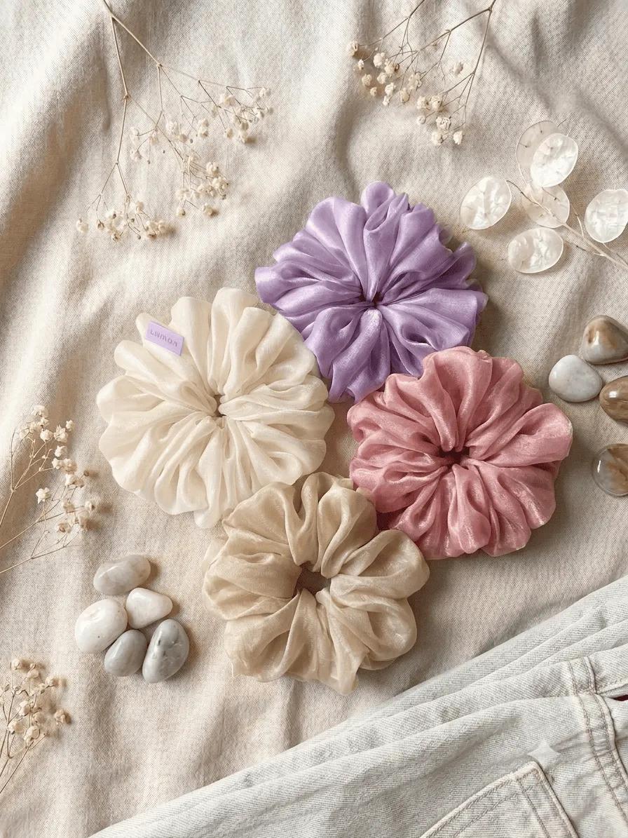 Four satin scrunchies in ivory cream, lilac shimmer, blush rose and champagne beige