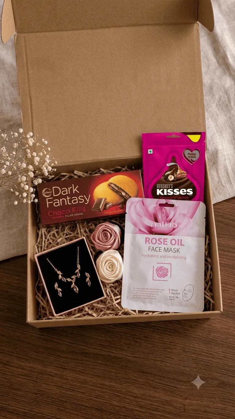 Kraft gift box hamper with a crystal necklace and earring set, hair ties and a face mask