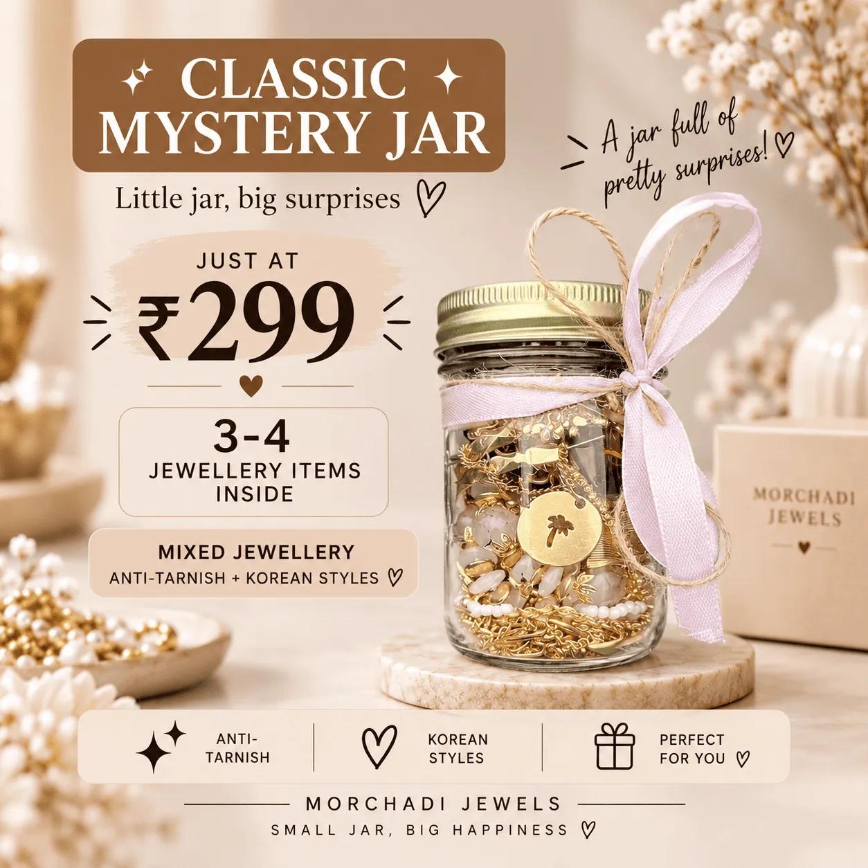 Small mystery jewellery jar holding a surprise mix of jewellery pieces