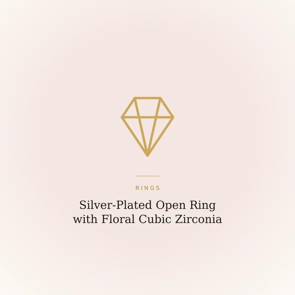 Silver-plated open ring with a floral design and a solitaire-style cubic zirconia stone