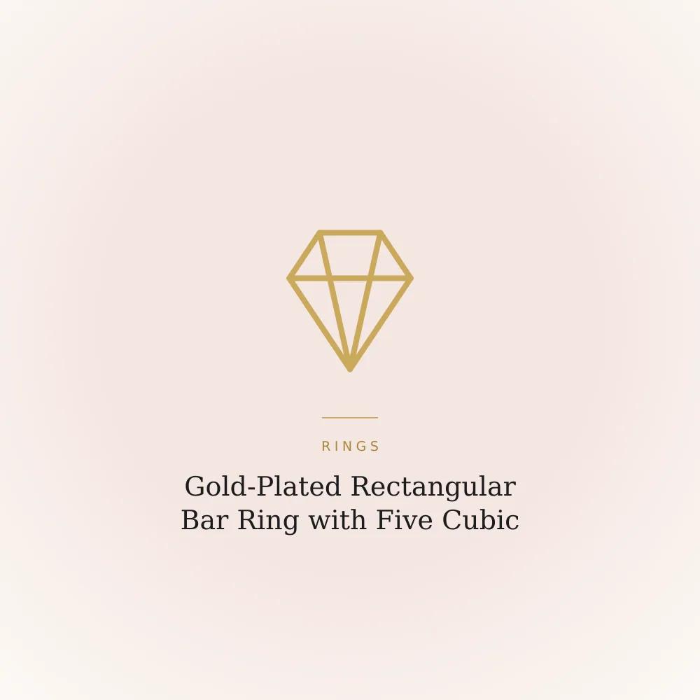 Gold-plated rectangular bar ring set with five cubic zirconia stones in a row