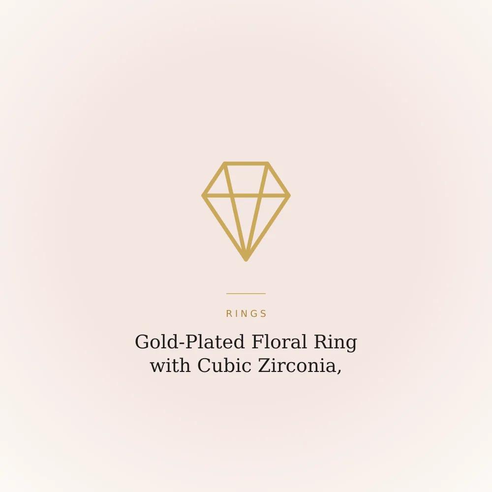 Gold-plated ring with a floral motif on a curved band set with cubic zirconia