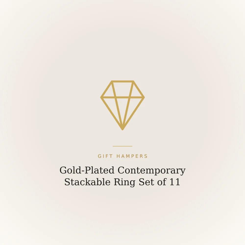 Set of eleven gold-plated contemporary stackable rings shown together