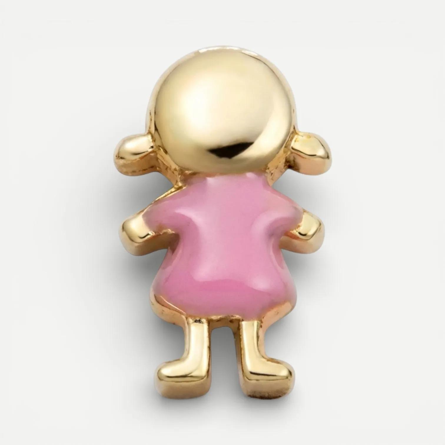 Girl-figure charm with polished golden head, pigtail buns and a pink dress, arms open
